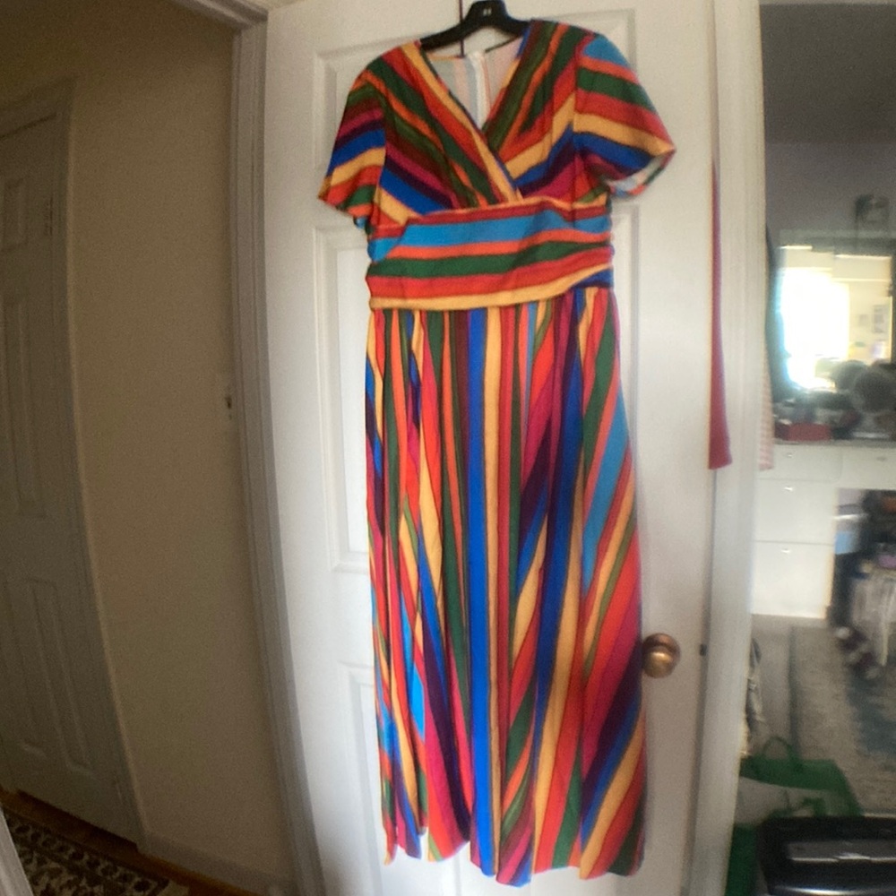 NWOT retro rainbow stripe print V-Neck Maxi dress